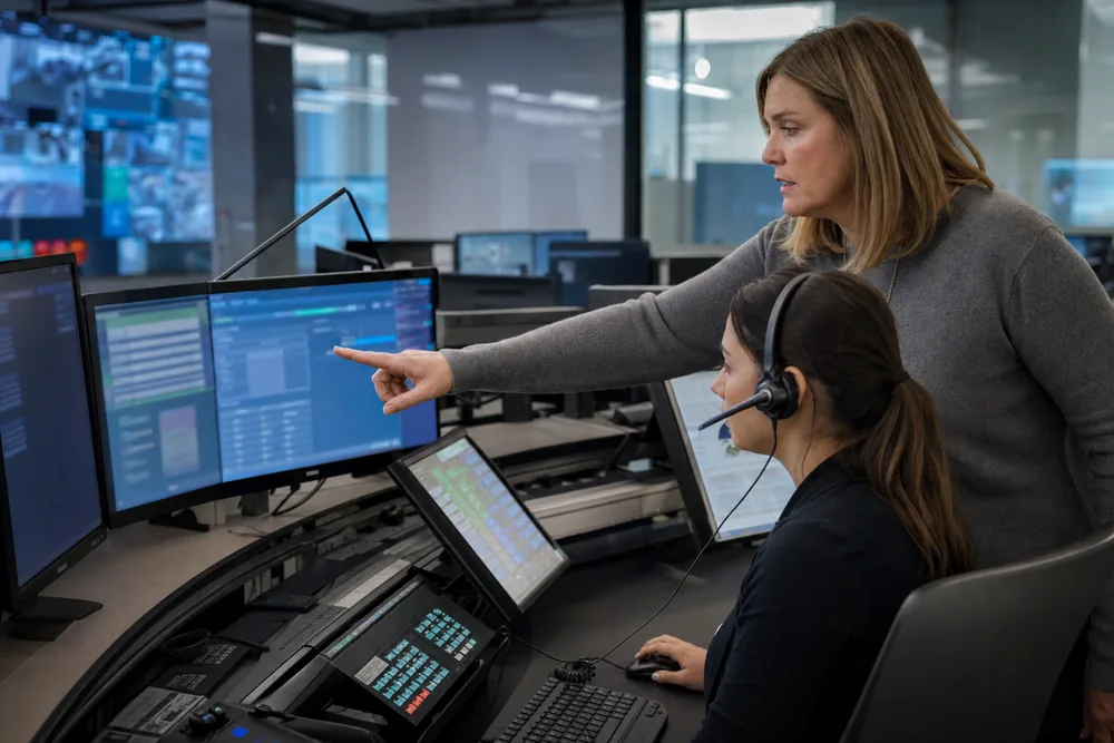 Instructor coaching a telecommunicator student at a training console