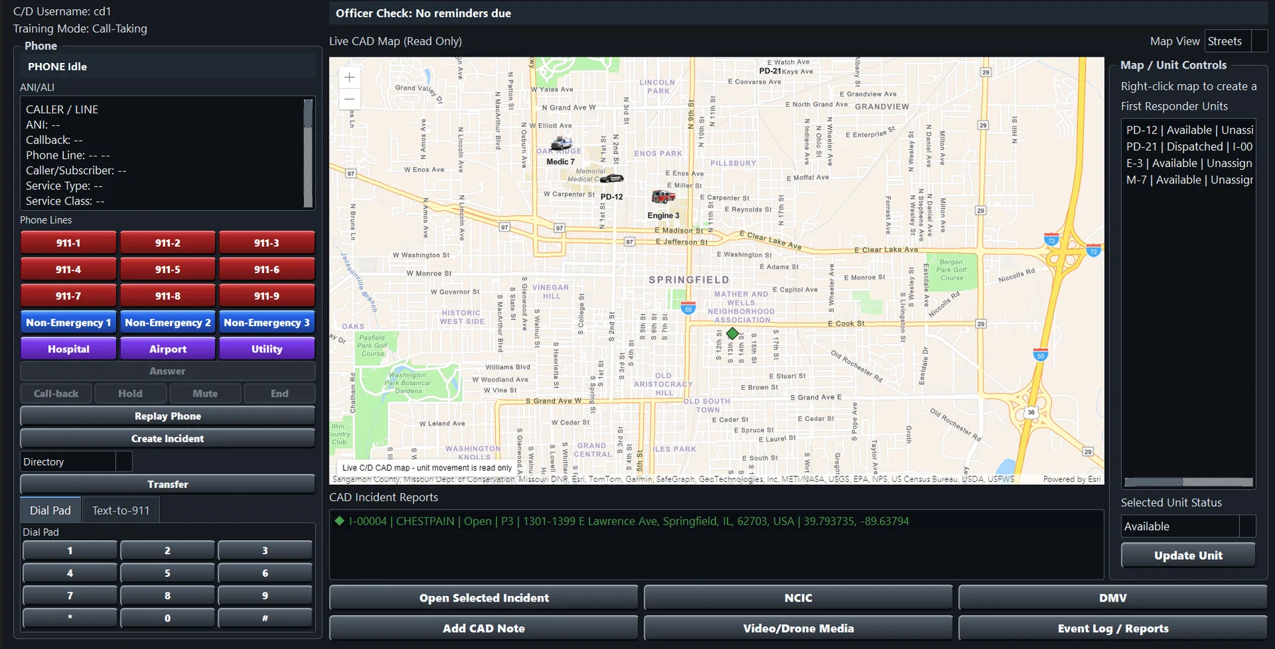 Actual SimSoft call-taking training interface