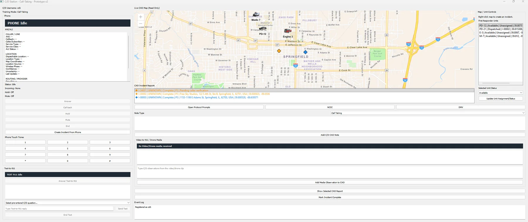 SimSoft training console showing phone, ANI ALI, CAD map, incidents, and responder units
