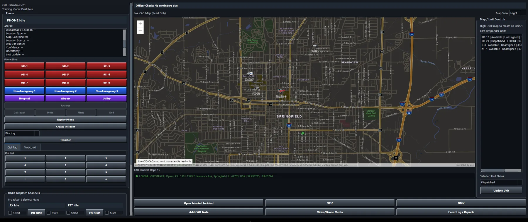 SimSoft dual-role 911 call-taking, CAD map, and radio dispatch console